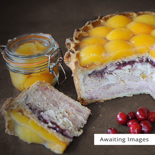 Apricot topped pork and stilton pie
